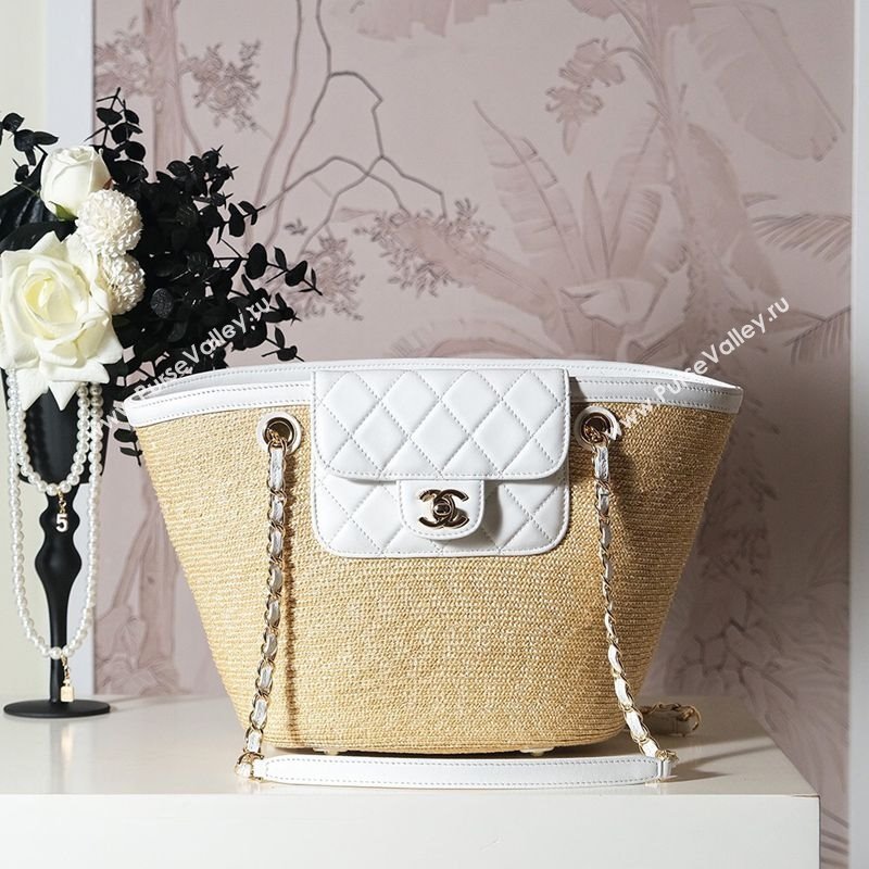Chanel Raffia Straw and Calfskin Large Shopping Bag Beige/White 2025 AS5951 (yezi-251010084)