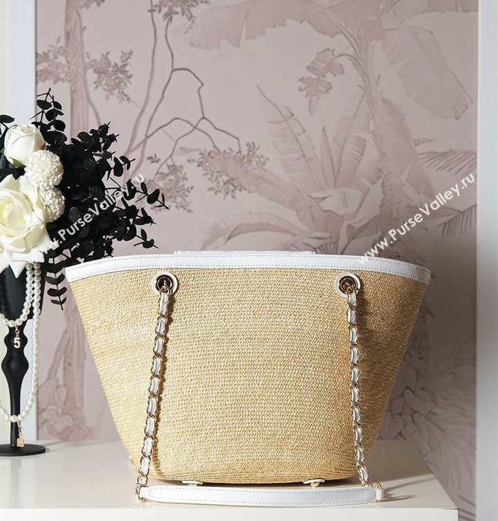 Chanel Raffia Straw and Calfskin Large Shopping Bag Beige/White 2025 AS5951 (yezi-250813007)