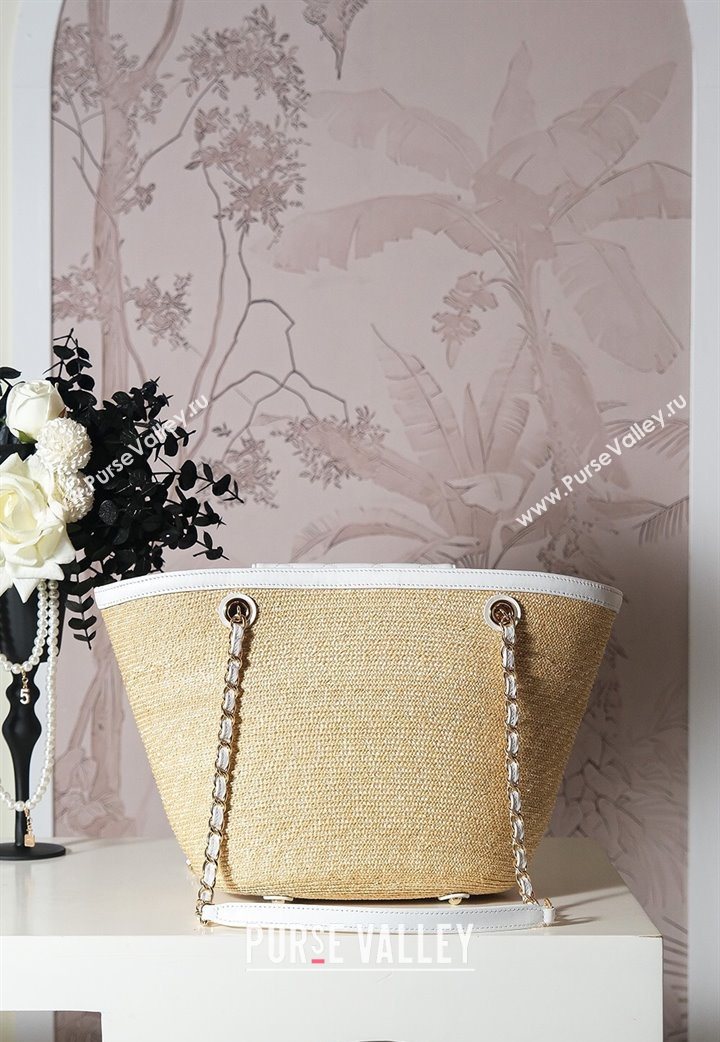 Chanel Raffia Straw and Calfskin Large Shopping Bag Beige/White 2025 AS5951 (yezi-251010084)