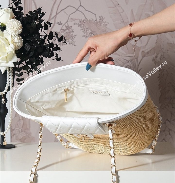 Chanel Raffia Straw and Calfskin Large Shopping Bag Beige/White 2025 AS5951 (yezi-250813007)