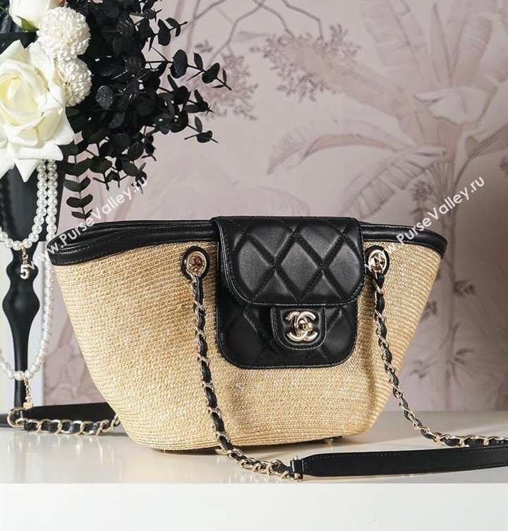 Chanel Raffia Straw and Calfskin Small Shopping Bag Beige/Black 2025 AS5951 (yezi-250813008)