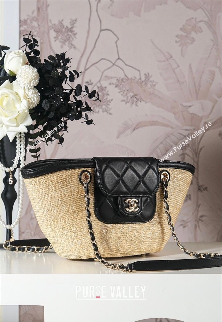 Chanel Raffia Straw and Calfskin Small Shopping Bag Beige/Black 2025 AS5951 (yezi-251010081)