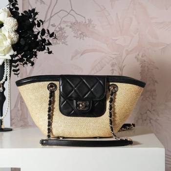 Chanel Raffia Straw and Calfskin Small Shopping Bag Beige/Black 2025 AS5951 (yezi-250813008)