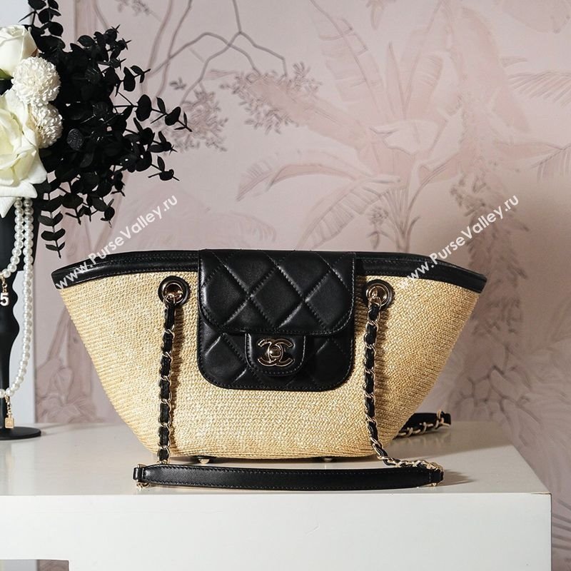 Chanel Raffia Straw and Calfskin Small Shopping Bag Beige/Black 2025 AS5951 (yezi-251010081)