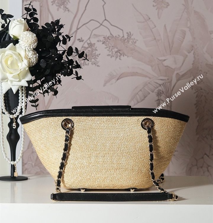 Chanel Raffia Straw and Calfskin Small Shopping Bag Beige/Black 2025 AS5951 (yezi-250813008)