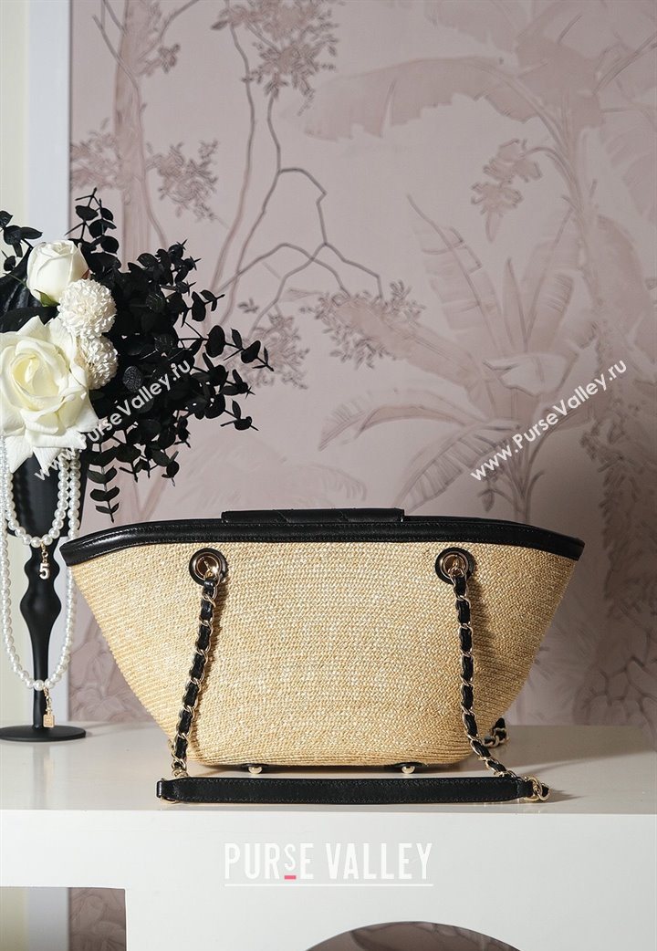 Chanel Raffia Straw and Calfskin Small Shopping Bag Beige/Black 2025 AS5951 (yezi-251010081)
