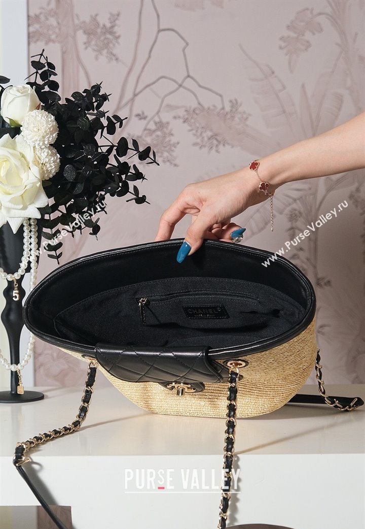 Chanel Raffia Straw and Calfskin Small Shopping Bag Beige/Black 2025 AS5951 (yezi-251010081)