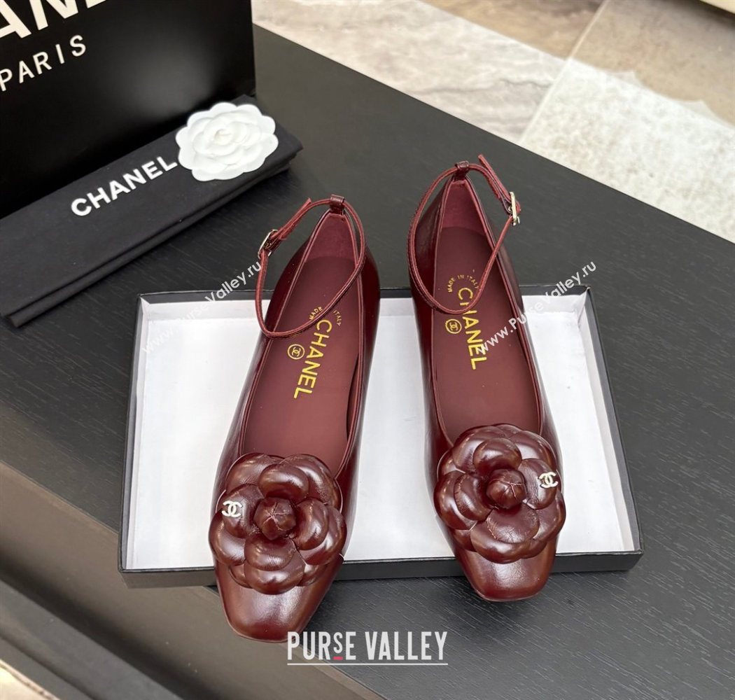 Chanel Shiny Calfskin Ballet flats with Ankle Strap with Camellia Burgundy 2025 G46520 (MD-250901180)
