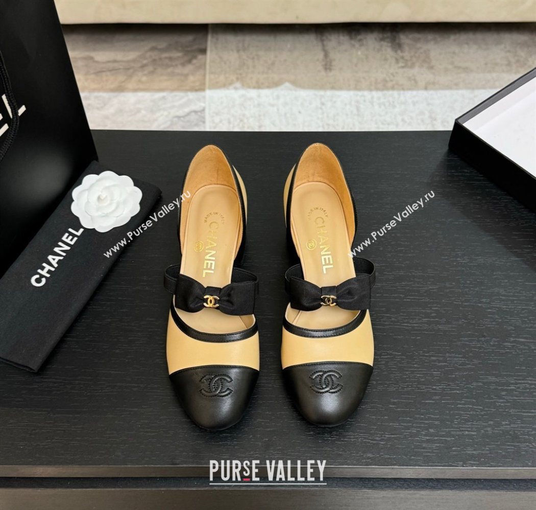 Chanel Calfskin Leather Mary Janes Pumps with Bow Beige/Black 2025 G46701 (MD-250901088)