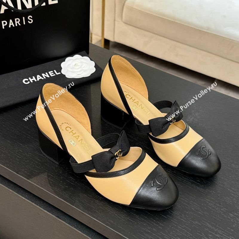 Chanel Calfskin Leather Mary Janes Pumps with Bow Beige/Black 2025 G46701 (MD-250901088)