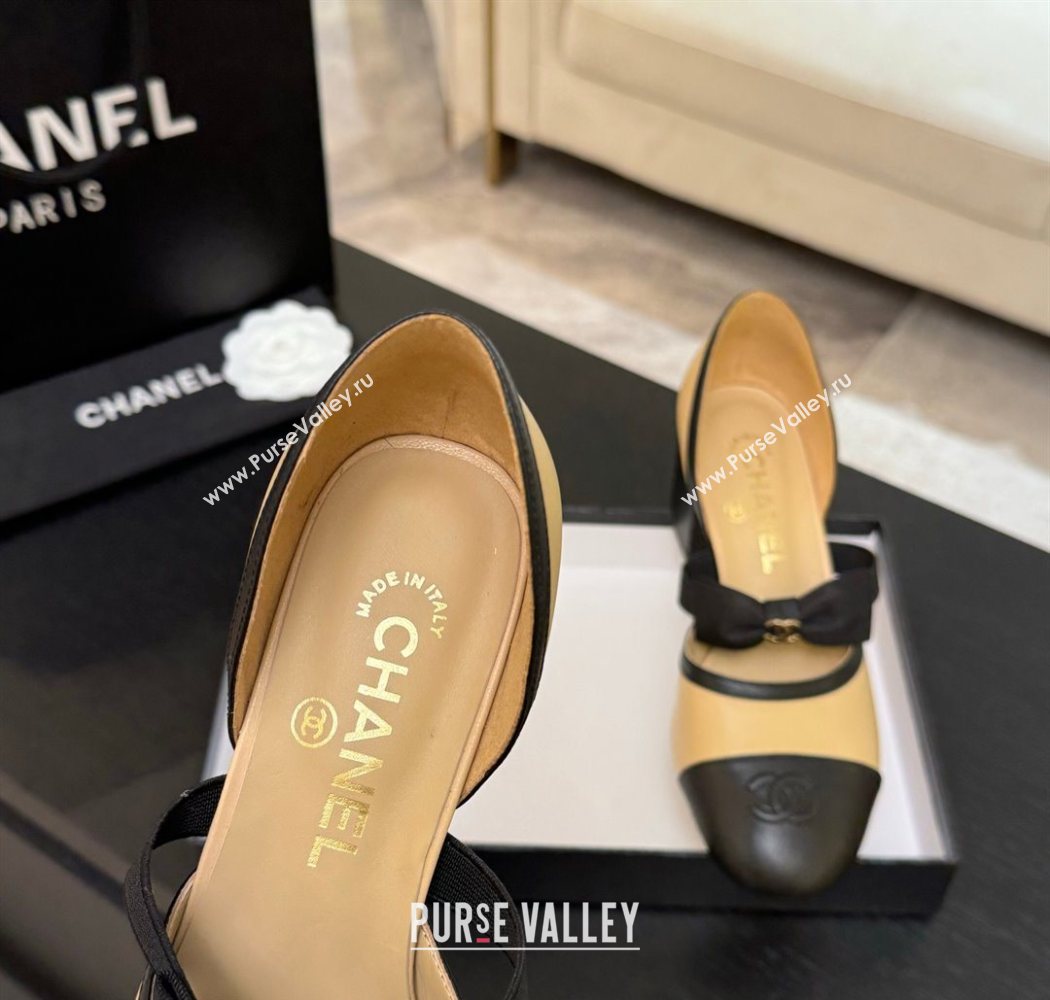 Chanel Calfskin Leather Mary Janes Pumps with Bow Beige/Black 2025 G46701 (MD-250901088)