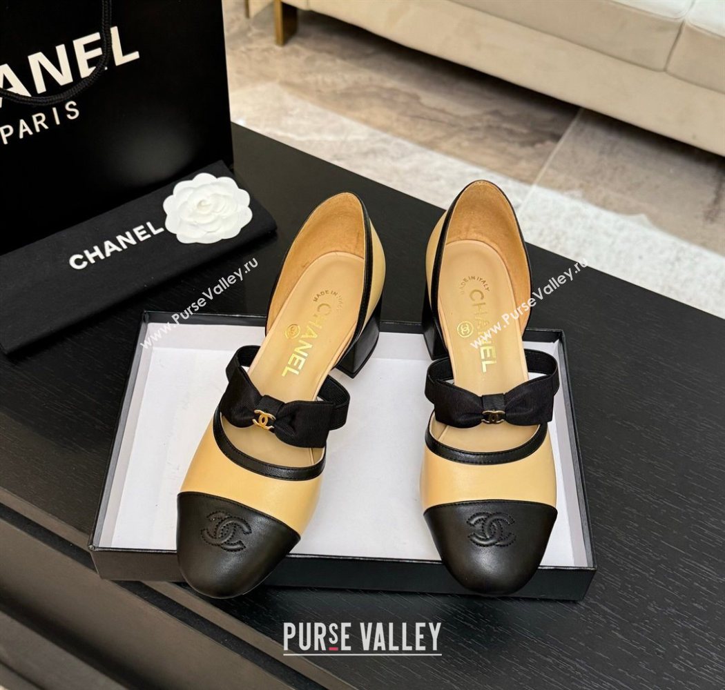 Chanel Calfskin Leather Mary Janes Pumps with Bow Beige/Black 2025 G46701 (MD-250901088)