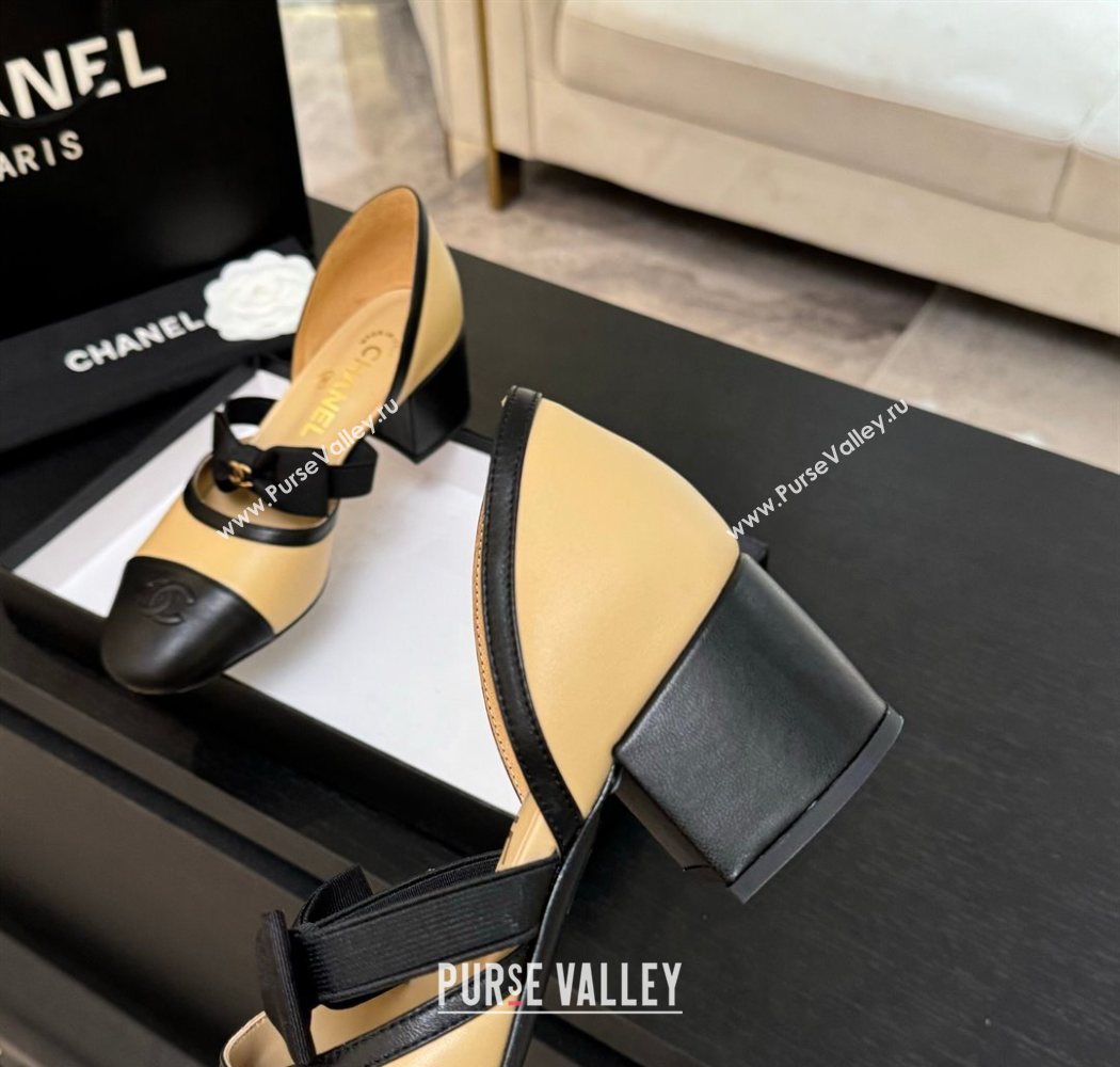 Chanel Calfskin Leather Mary Janes Pumps with Bow Beige/Black 2025 G46701 (MD-250901088)