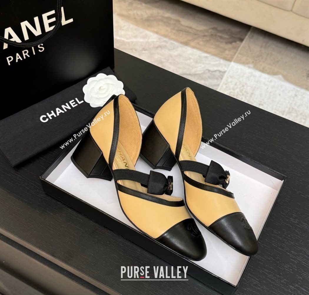 Chanel Calfskin Leather Mary Janes Pumps with Bow Beige/Black 2025 G46701 (MD-250901088)