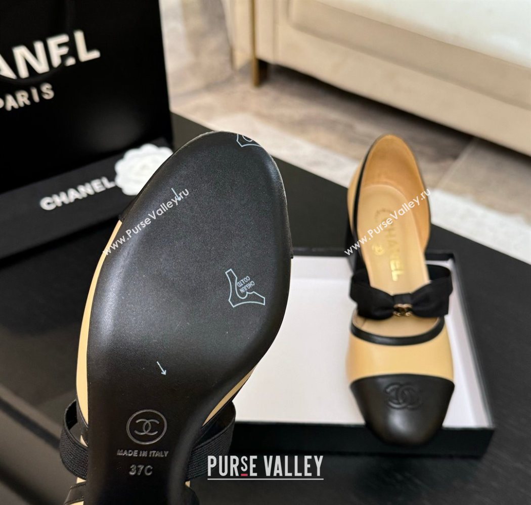 Chanel Calfskin Leather Mary Janes Pumps with Bow Beige/Black 2025 G46701 (MD-250901088)