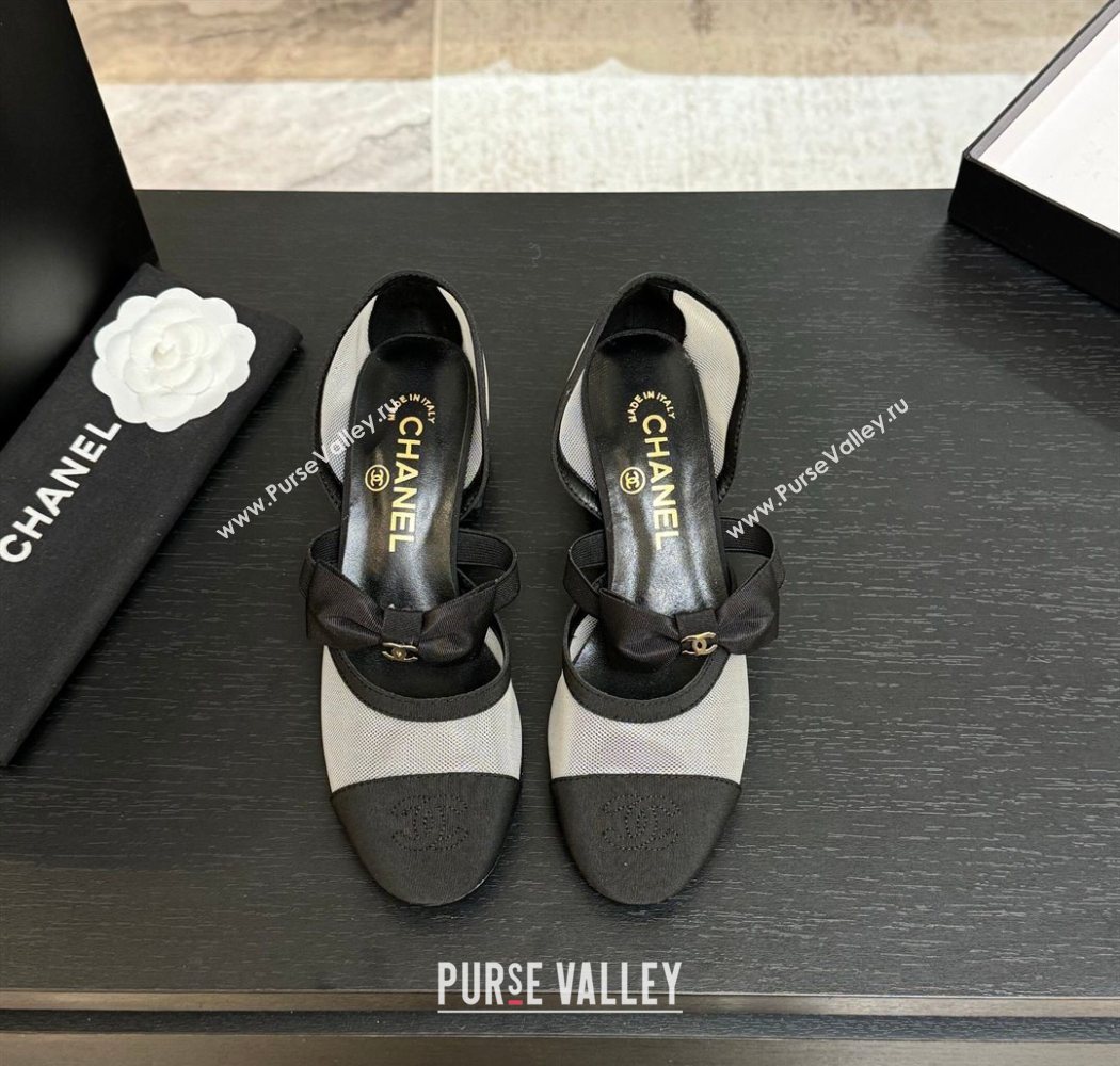 Chanel Mesh Grosgrain Mary Janes Pumps with Bow White/Black 2025 G46701 (MD-250901091)