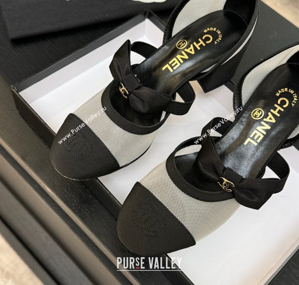 Chanel Mesh Grosgrain Mary Janes Pumps with Bow White/Black 2025 G46701 (MD-250901091)