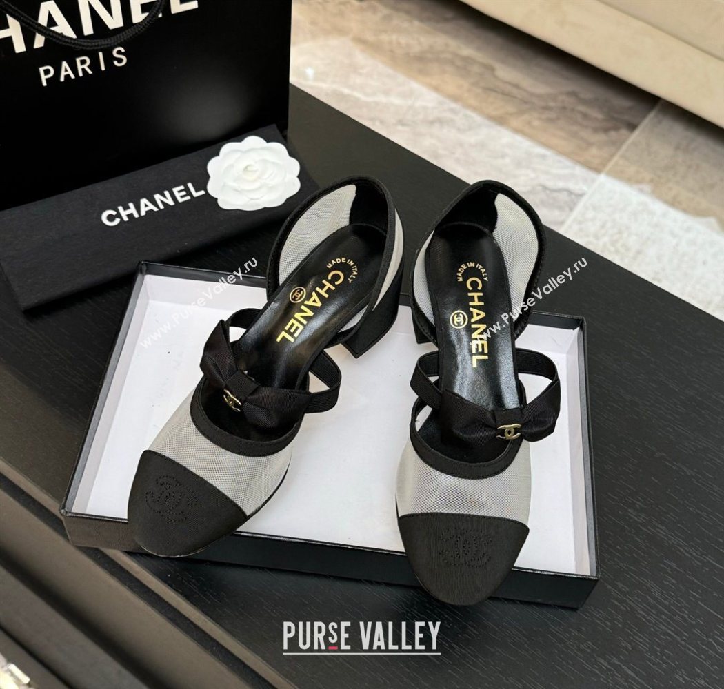 Chanel Mesh Grosgrain Mary Janes Pumps with Bow White/Black 2025 G46701 (MD-250901091)