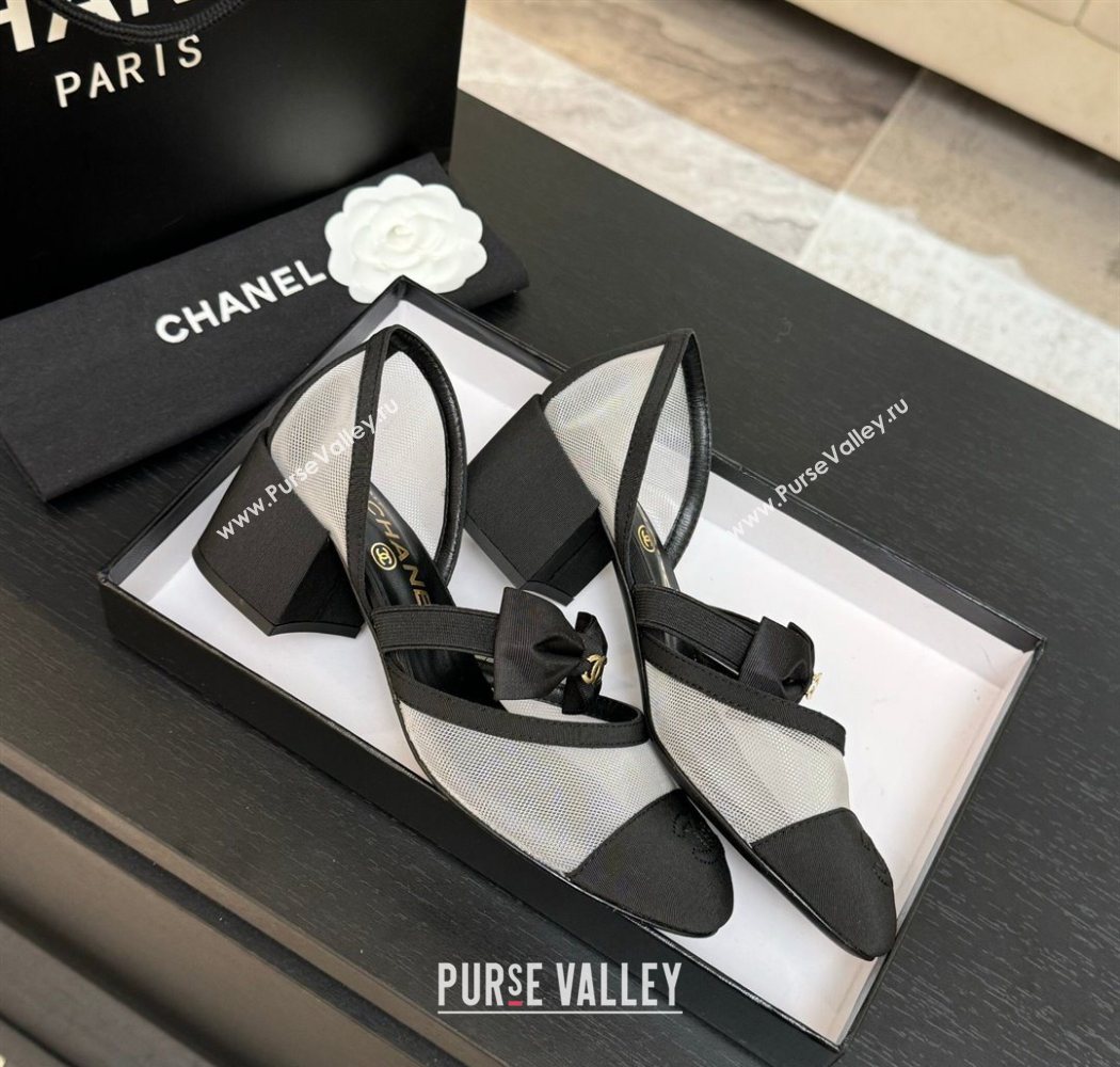 Chanel Mesh Grosgrain Mary Janes Pumps with Bow White/Black 2025 G46701 (MD-250901091)