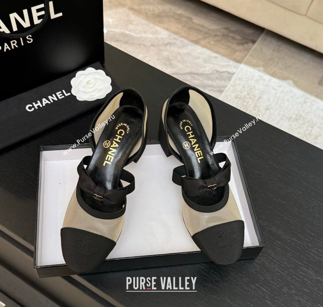 Chanel Mesh Grosgrain Mary Janes Pumps with Bow Beige/Black 2025 G46701 (MD-250901092)