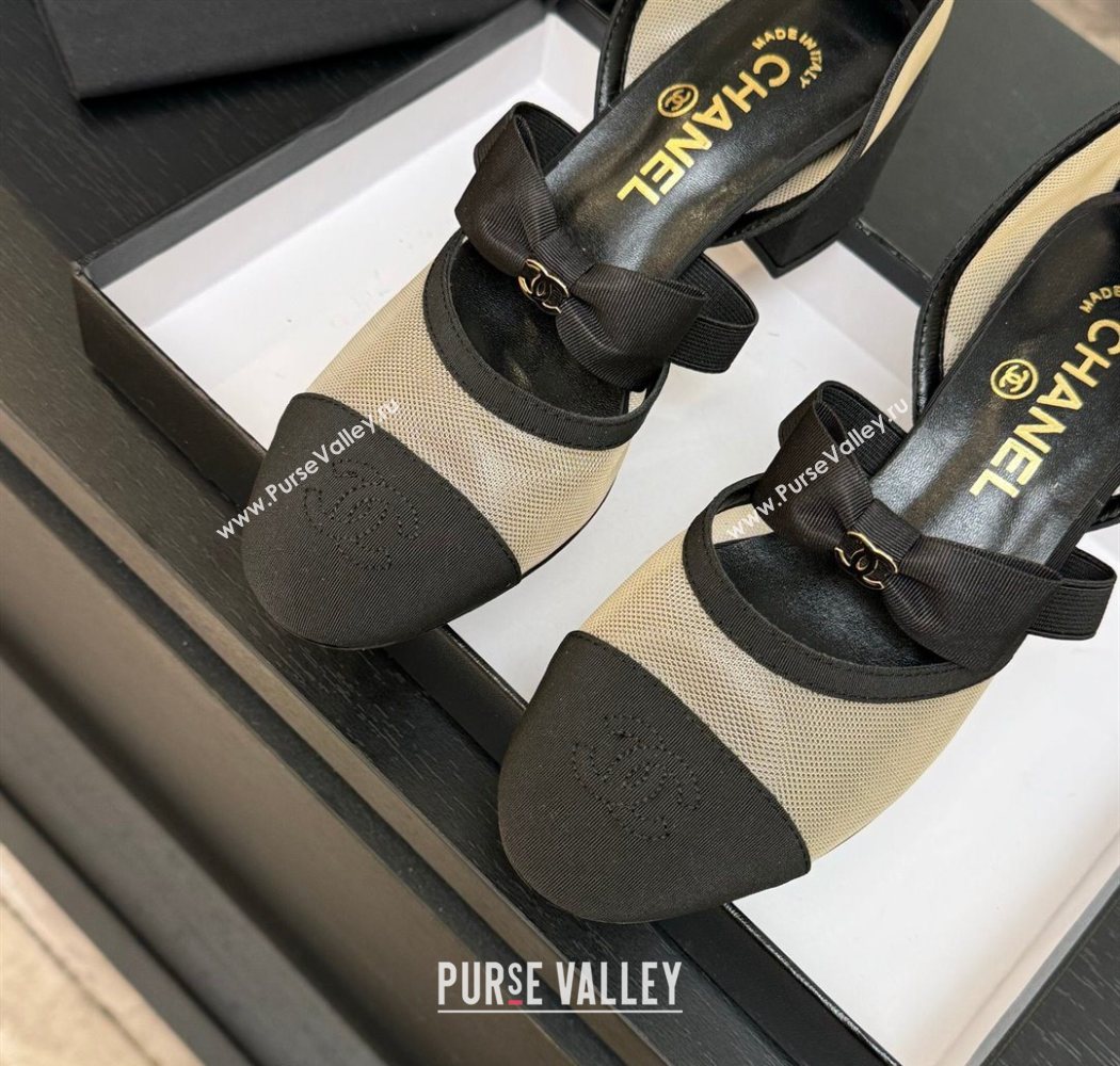 Chanel Mesh Grosgrain Mary Janes Pumps with Bow Beige/Black 2025 G46701 (MD-250901092)