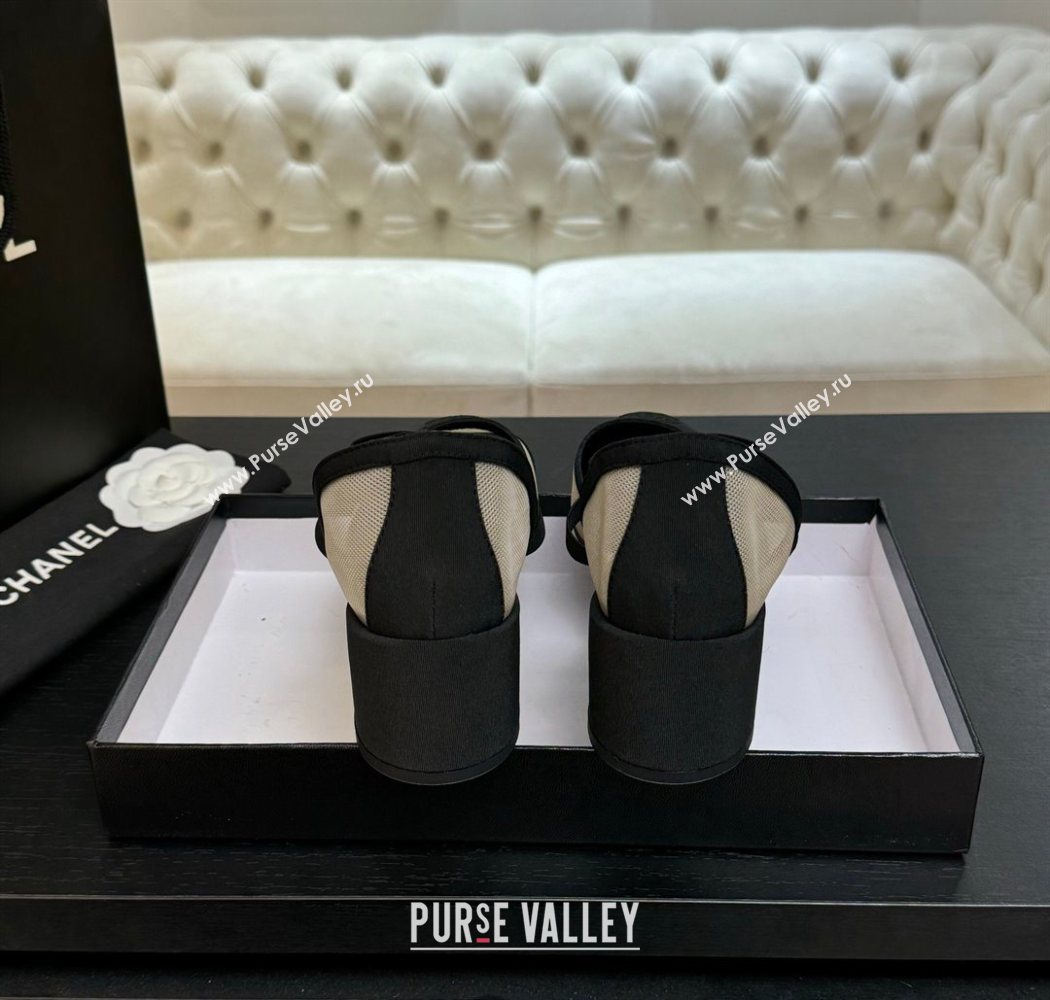 Chanel Mesh Grosgrain Mary Janes Pumps with Bow Beige/Black 2025 G46701 (MD-250901092)