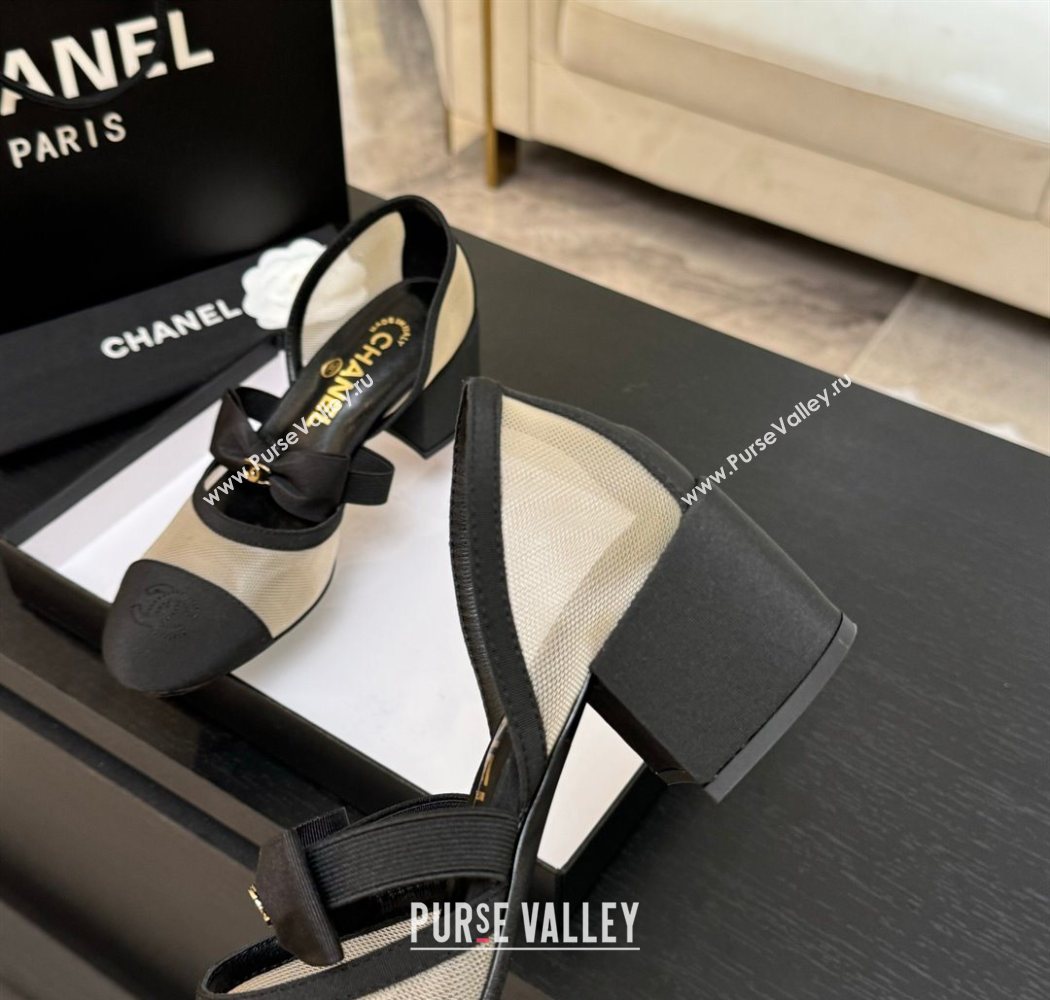 Chanel Mesh Grosgrain Mary Janes Pumps with Bow Beige/Black 2025 G46701 (MD-250901092)