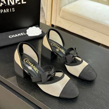 Chanel Mesh Grosgrain Mary Janes Pumps with Bow Beige/Black 2025 G46701 (MD-250901092)