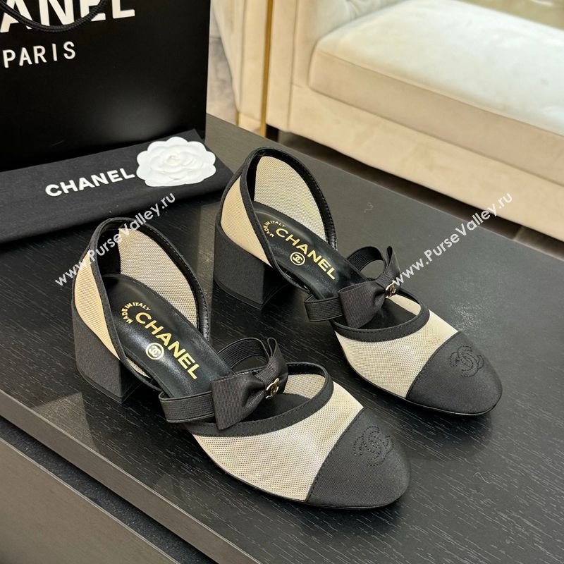 Chanel Mesh Grosgrain Mary Janes Pumps with Bow Beige/Black 2025 G46701 (MD-250901092)