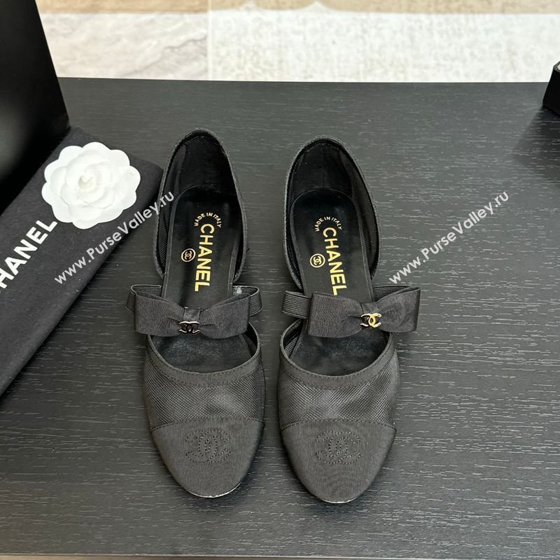 Chanel Mesh Grosgrain Mary Janes Flat Shoes with Bow Black2 2025 G46701 (MD-250901097)