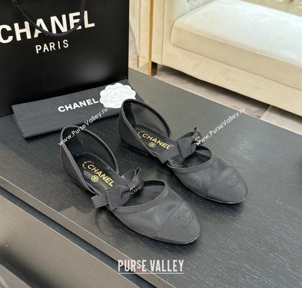 Chanel Mesh Grosgrain Mary Janes Flat Shoes with Bow Black2 2025 G46701 (MD-250901097)
