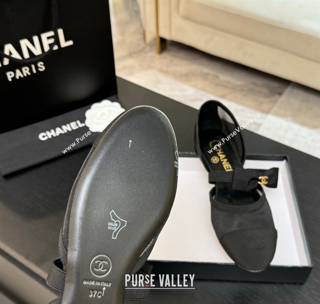 Chanel Mesh Grosgrain Mary Janes Flat Shoes with Bow Black2 2025 G46701 (MD-250901097)
