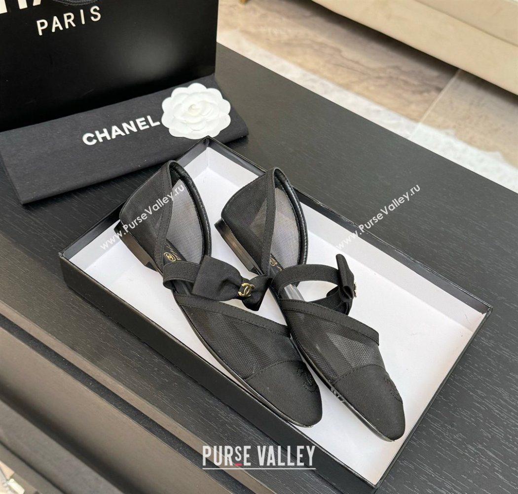 Chanel Mesh Grosgrain Mary Janes Flat Shoes with Bow Black2 2025 G46701 (MD-250901097)