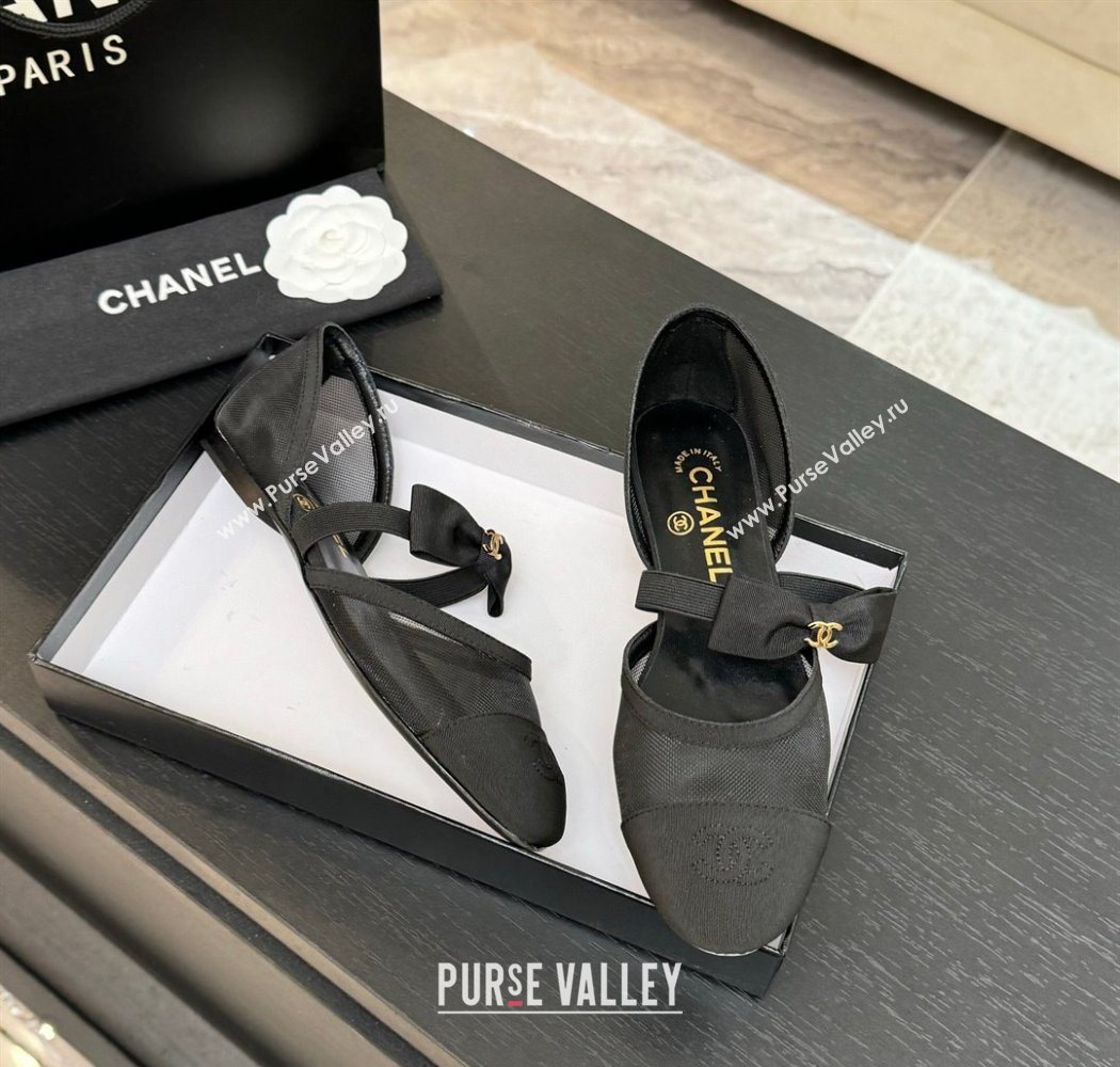 Chanel Mesh Grosgrain Mary Janes Flat Shoes with Bow Black2 2025 G46701 (MD-250901097)