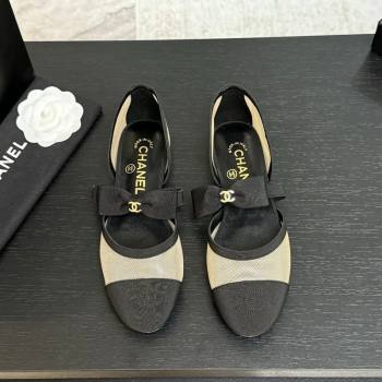 Chanel Mesh Grosgrain Mary Janes Flat Shoes with Bow Beige/Black 2025 G46701 (MD-250901098)