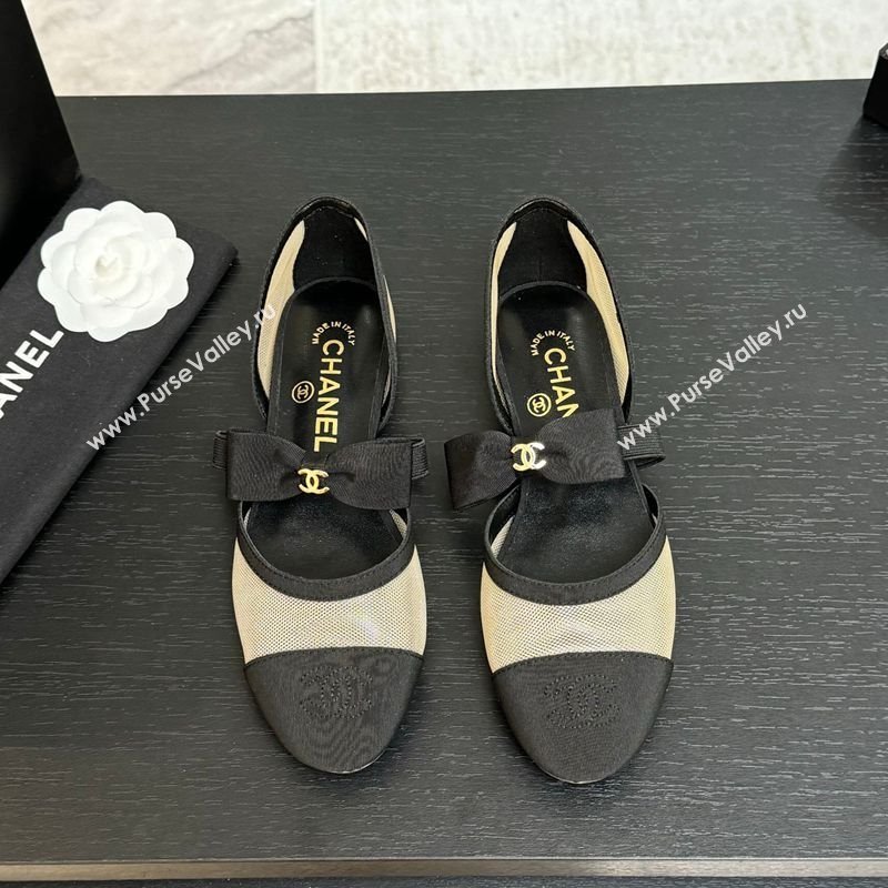 Chanel Mesh Grosgrain Mary Janes Flat Shoes with Bow Beige/Black 2025 G46701 (MD-250901098)