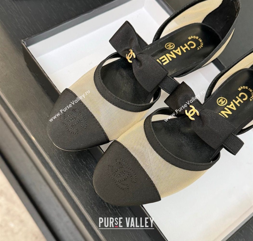 Chanel Mesh Grosgrain Mary Janes Flat Shoes with Bow Beige/Black 2025 G46701 (MD-250901098)