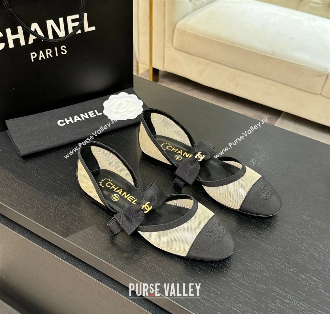 Chanel Mesh Grosgrain Mary Janes Flat Shoes with Bow Beige/Black 2025 G46701 (MD-250901098)