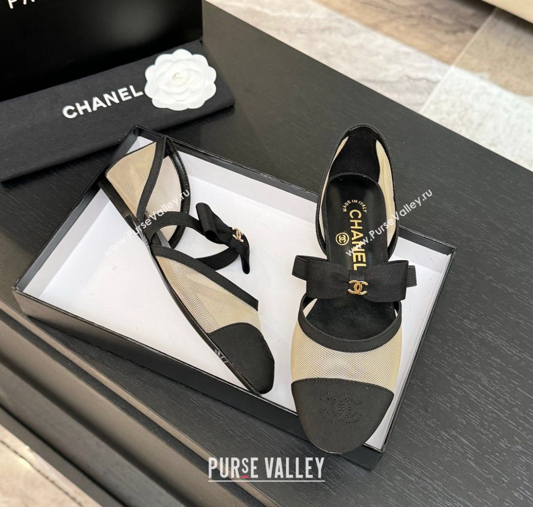 Chanel Mesh Grosgrain Mary Janes Flat Shoes with Bow Beige/Black 2025 G46701 (MD-250901098)
