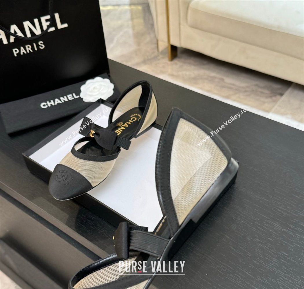 Chanel Mesh Grosgrain Mary Janes Flat Shoes with Bow Beige/Black 2025 G46701 (MD-250901098)