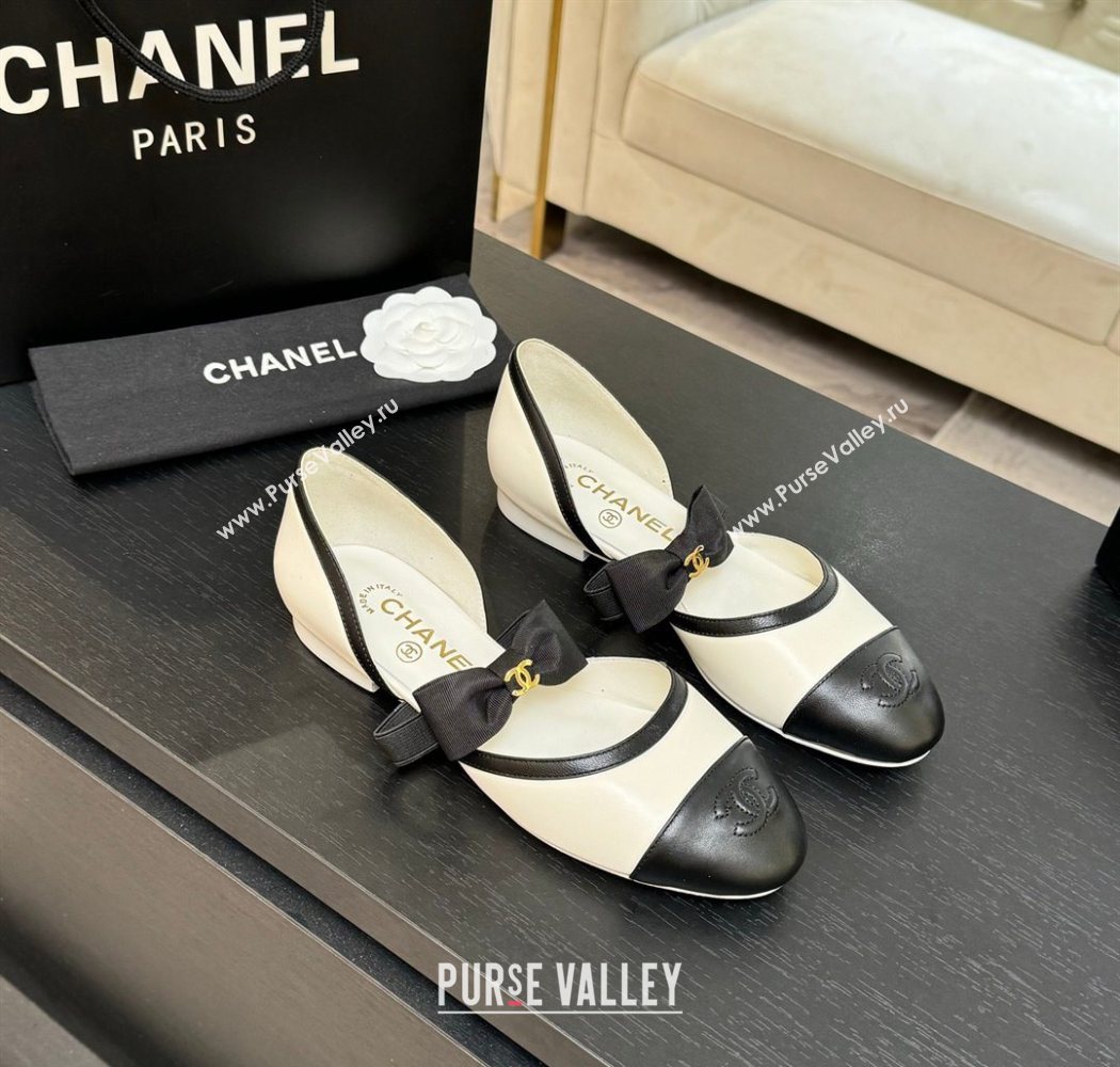 Chanel Calfskin Leather Mary Janes Flat Shoes with Bow White/Black 2025 G46701 (MD-250901099)