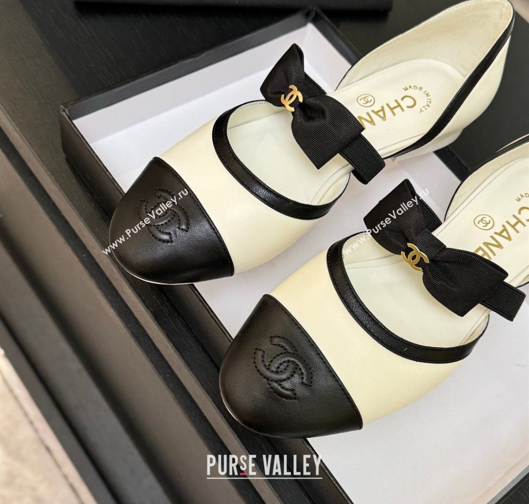 Chanel Calfskin Leather Mary Janes Flat Shoes with Bow White/Black 2025 G46701 (MD-250901099)