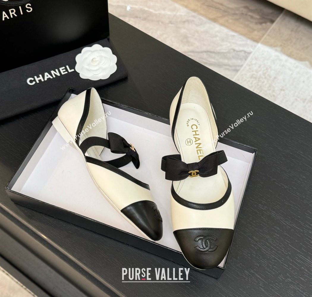 Chanel Calfskin Leather Mary Janes Flat Shoes with Bow White/Black 2025 G46701 (MD-250901099)