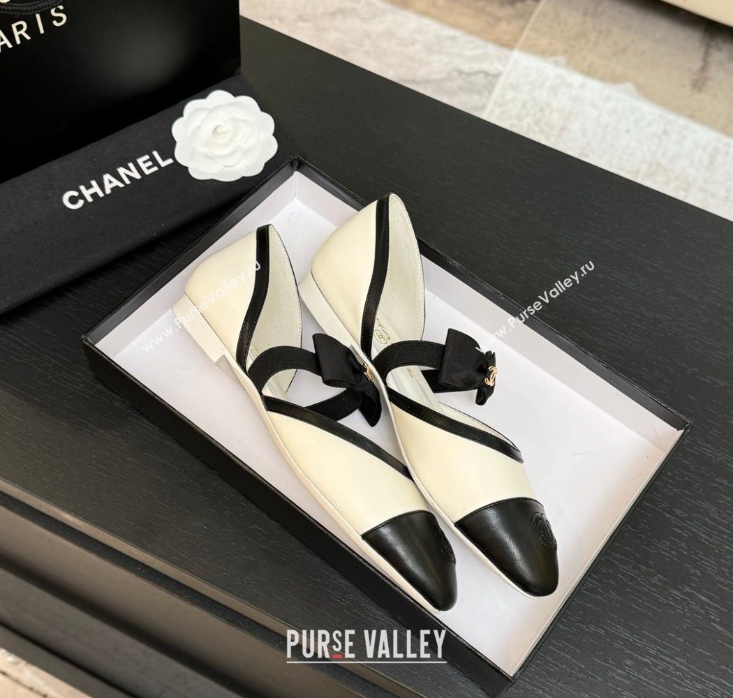 Chanel Calfskin Leather Mary Janes Flat Shoes with Bow White/Black 2025 G46701 (MD-250901099)