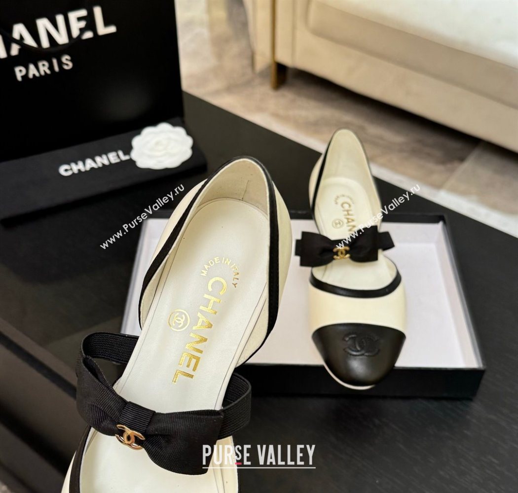 Chanel Calfskin Leather Mary Janes Flat Shoes with Bow White/Black 2025 G46701 (MD-250901099)