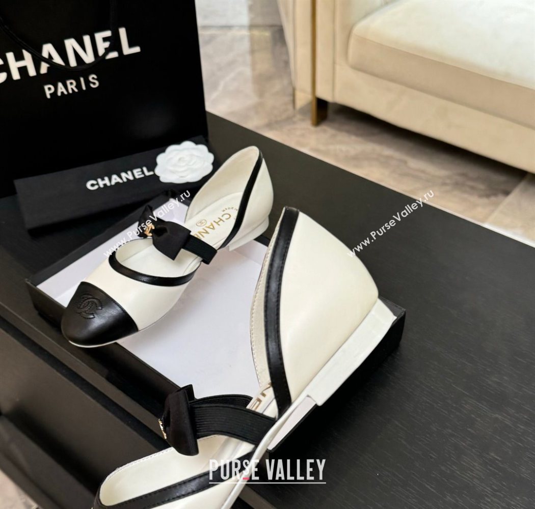 Chanel Calfskin Leather Mary Janes Flat Shoes with Bow White/Black 2025 G46701 (MD-250901099)