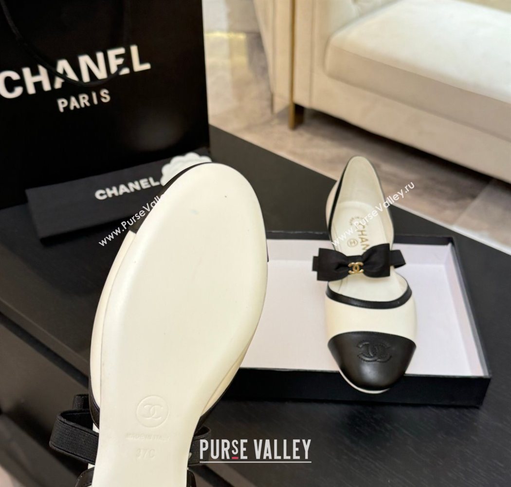 Chanel Calfskin Leather Mary Janes Flat Shoes with Bow White/Black 2025 G46701 (MD-250901099)