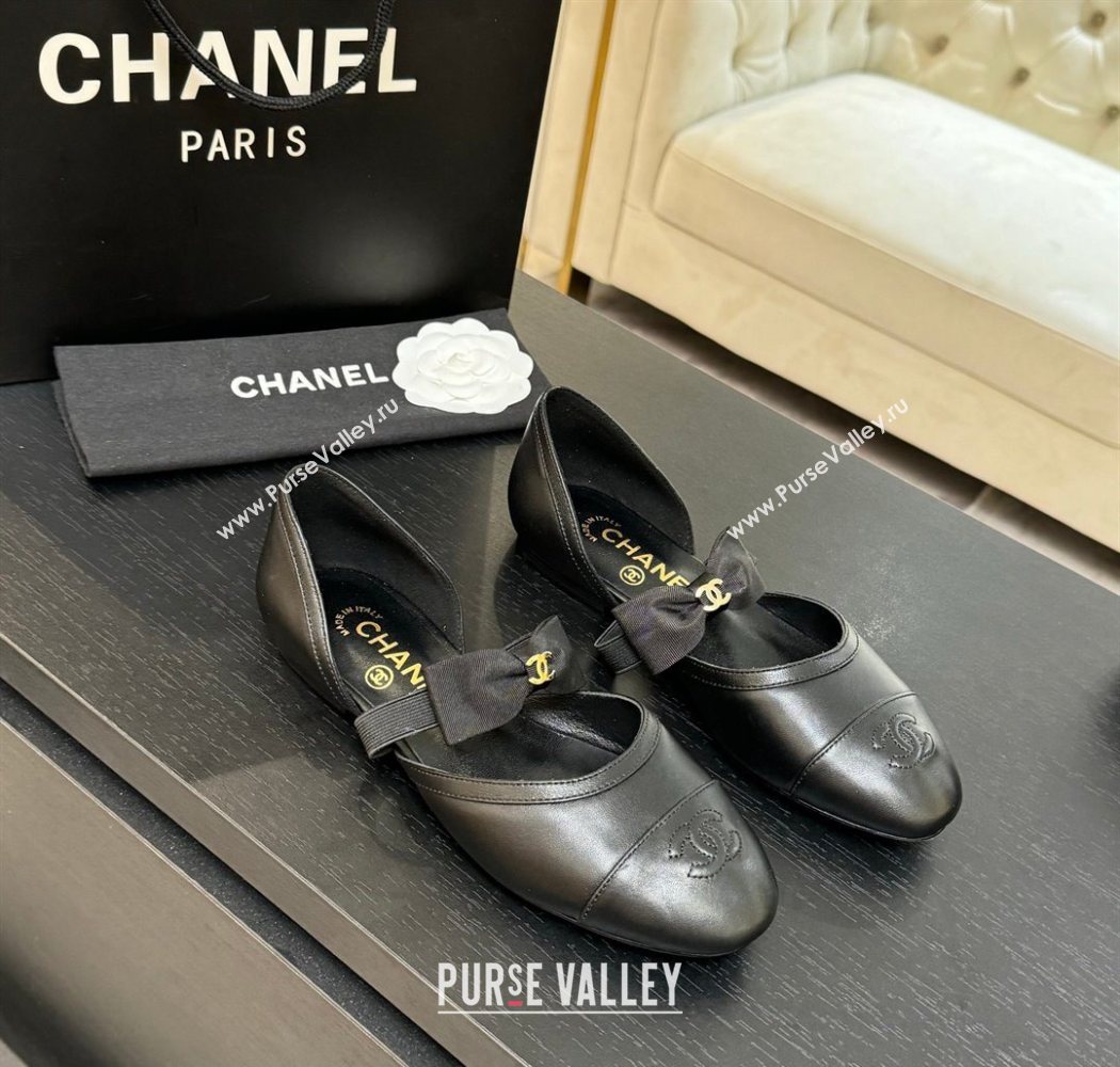 Chanel Calfskin Leather Mary Janes Flat Shoes with Bow Black2 2025 G46701 (MD-250901100)
