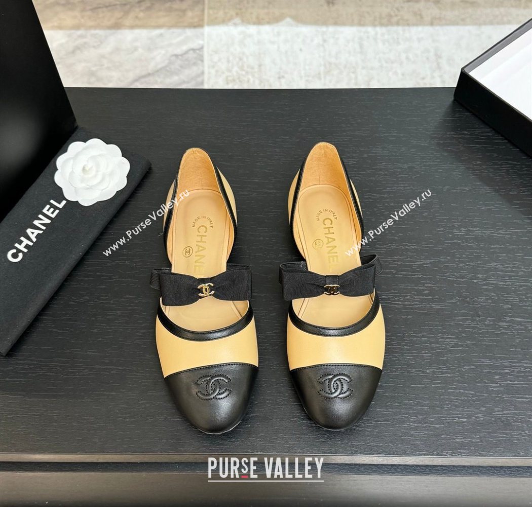 Chanel Calfskin Leather Mary Janes Flat Shoes with Bow Beige/Black 2025 G46701 (MD-250901101)