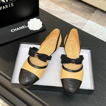 Chanel Calfskin Leather Mary Janes Flat Shoes with Bow Beige/Black 2025 G46701 (MD-250901101)